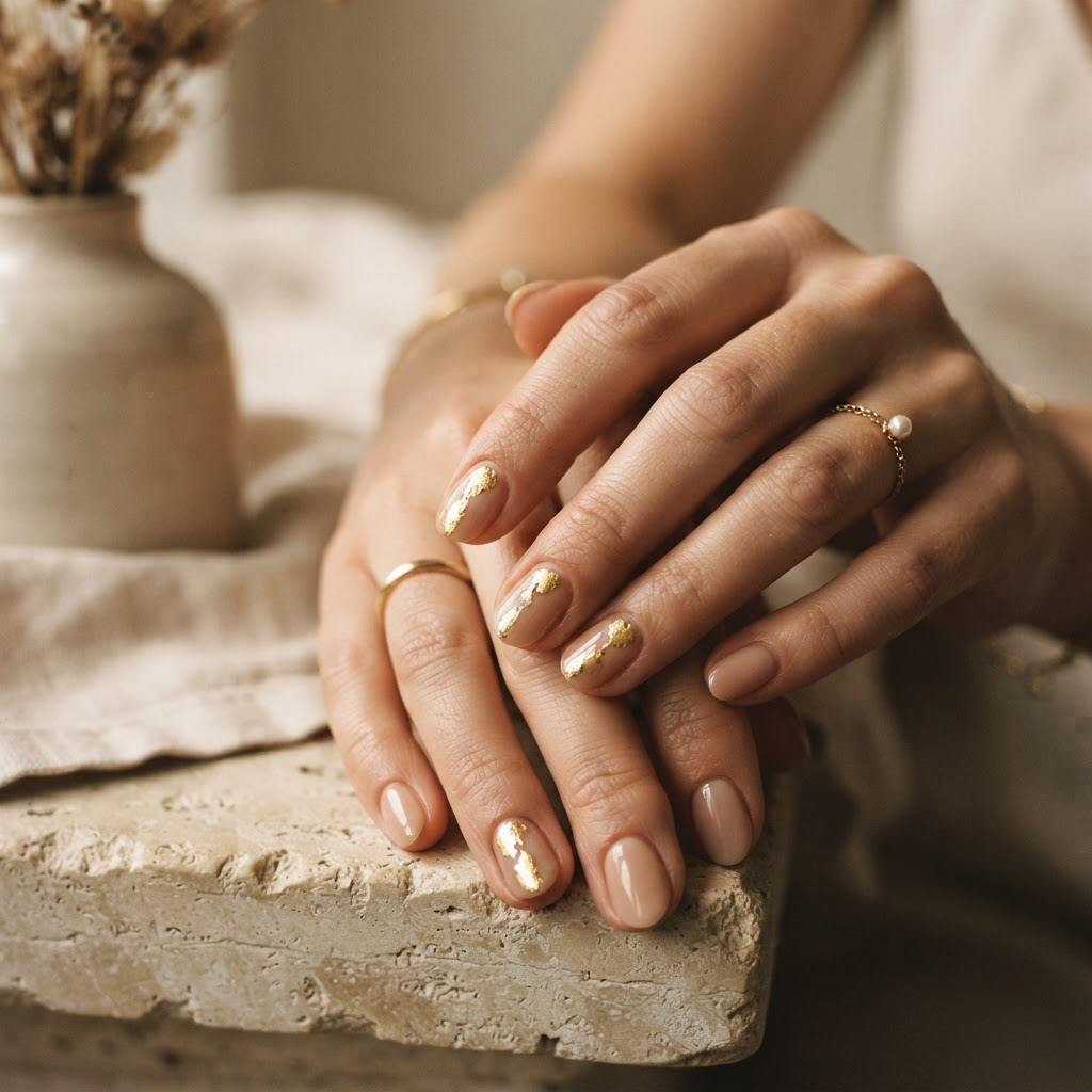 Nail art autoral em tons nude com detalhe dourado